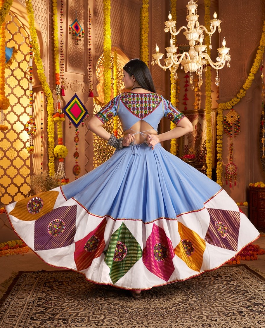 11041-blue - Garba Elegance in Light Blue Patchwork Splendor